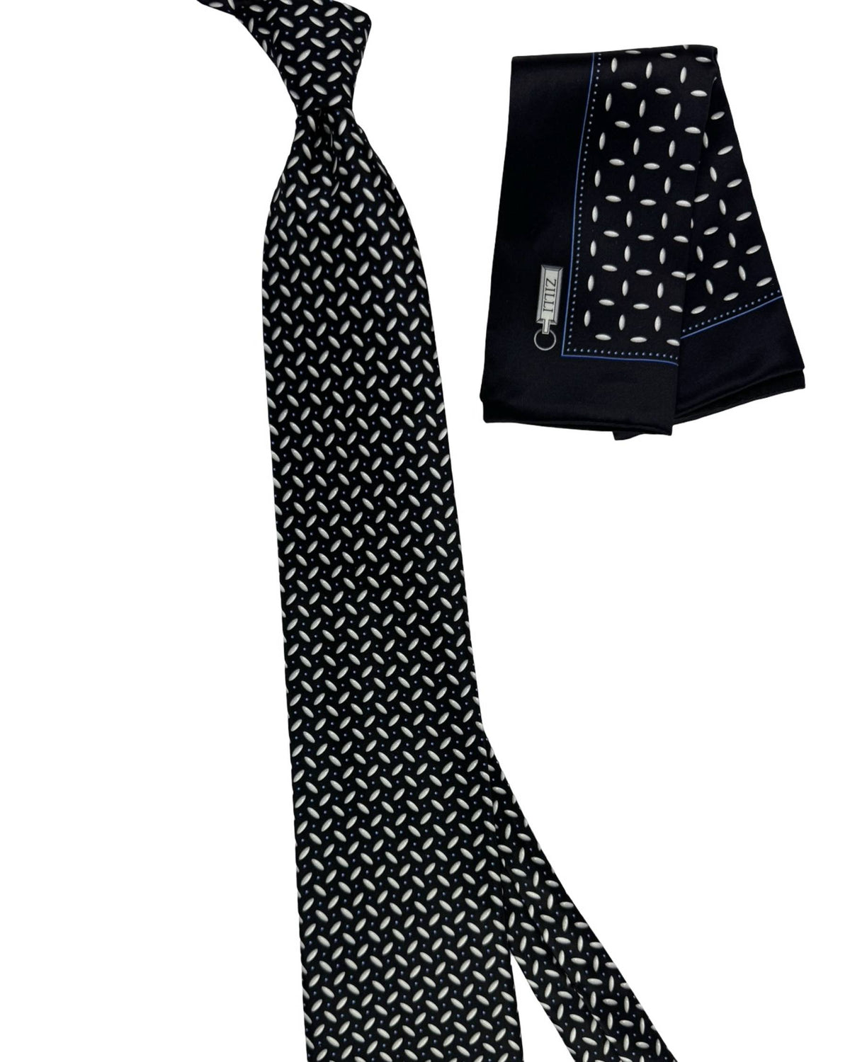 Zilli Silk Tie & Matching Pocket Square Set Black Silver Geometric