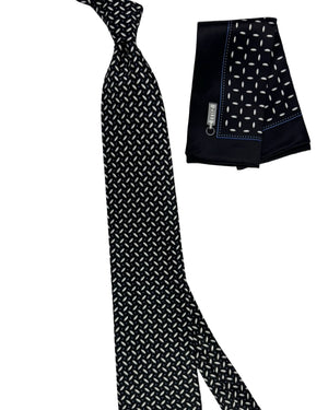 Zilli Silk Tie & Matching Pocket Square Set Black Silver Geometric