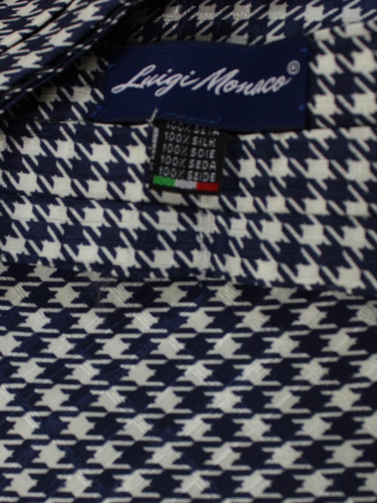 Luigi Monaco Silk Ascot Tie Navy White-Silver Houndstooth