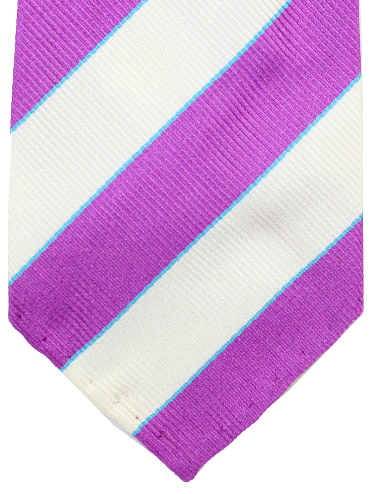 Cesare Attolini Unlined Tie White Lilac Aqua Stripes
