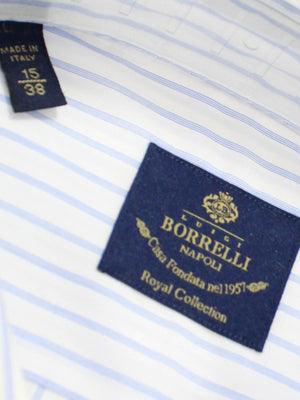 Borrelli Dress Shirt ROYAL COLLECTION White Blue Quadruple Stripes