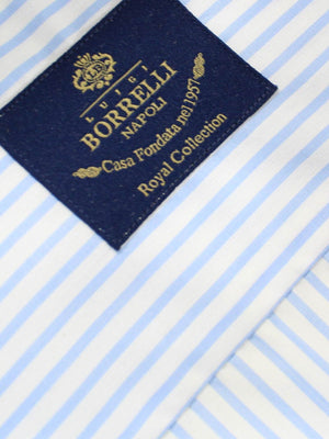 Luigi Borrelli Dress Shirt ROYAL COLLECTION Classic White Blue Stripes 38 - 15