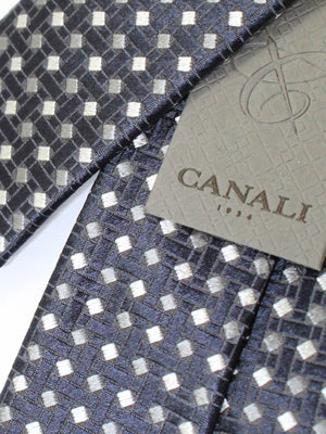 Canali Tie Midnight Blue Gray Silver Geometric Design