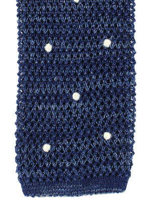 Isaia Square End Knitted Cotton Linen Tie Dark Blue Dots