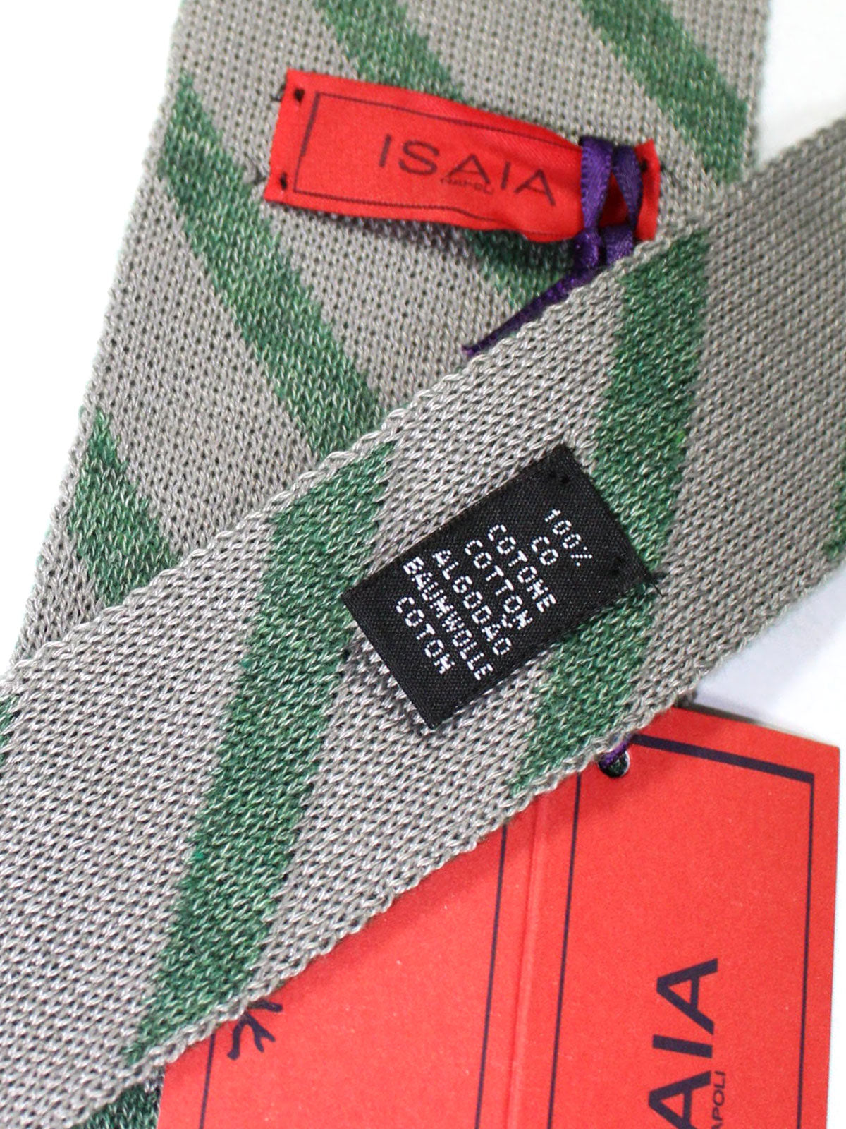 Isaia Sevenfold Tie Green Gray Stripes Cotton - Narrow Necktie