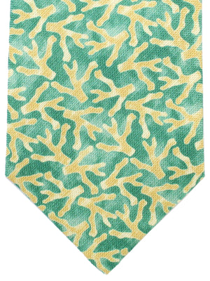 Isaia Sevenfold Tie Green Mustard Coral Design Cotton Silk