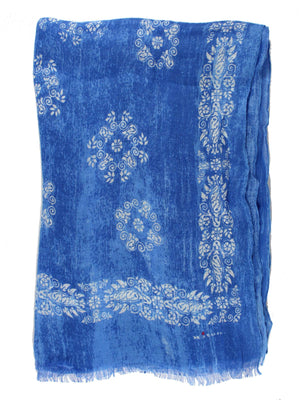 Kiton Linen Scarf Royal Blue Floral 