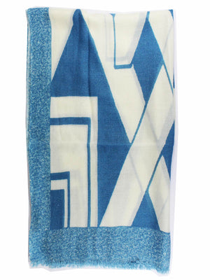 Kiton Scarf Aqua White Geometric Design - Cashmere Silk Shawl SALE