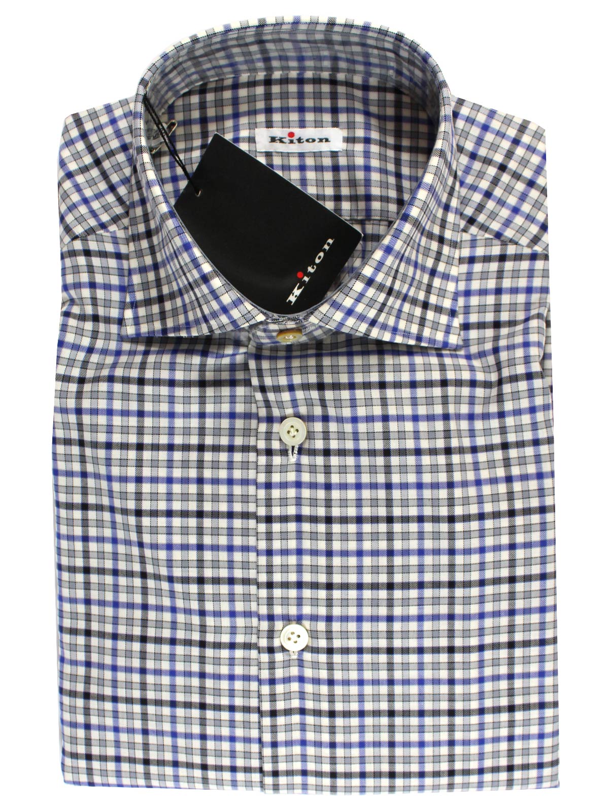 Kiton Dress Shirt White Royal Blue Black Check