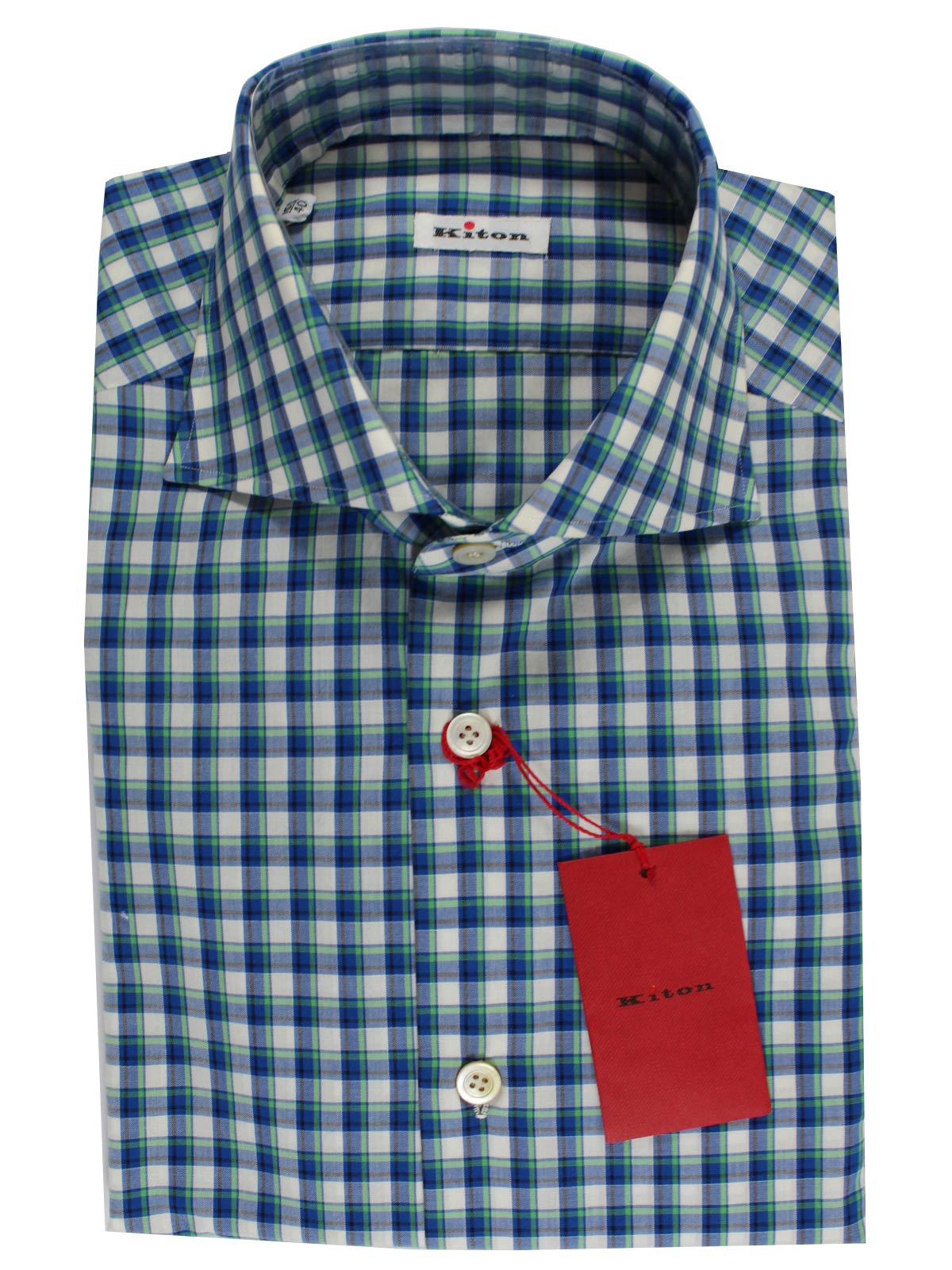 Kiton Dress Shirt White Royal Blue Green Brown Check 40 - 15 3/4 SALE