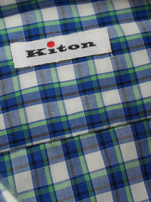 Kiton Dress Shirt White Royal Blue Green Brown Check 40 - 15 3/4