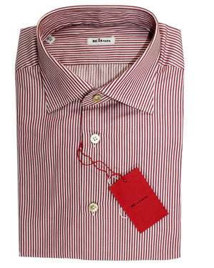 Kiton Shirt White Maroon Stripes Moderate Spread Collar