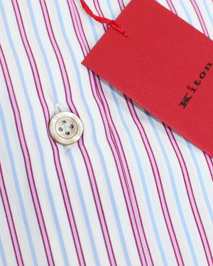 Kiton Dress Shirt White Pink Blue Stripes 