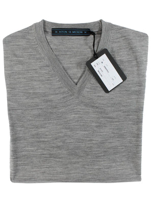 Kiton Sweater Gray 14 Micron Wool V-Neck L - EUR 52 SALE