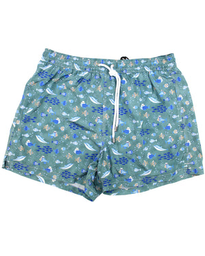 Kiton Swimwear Men Swim Shorts L Olive Blue Fish - Novelty