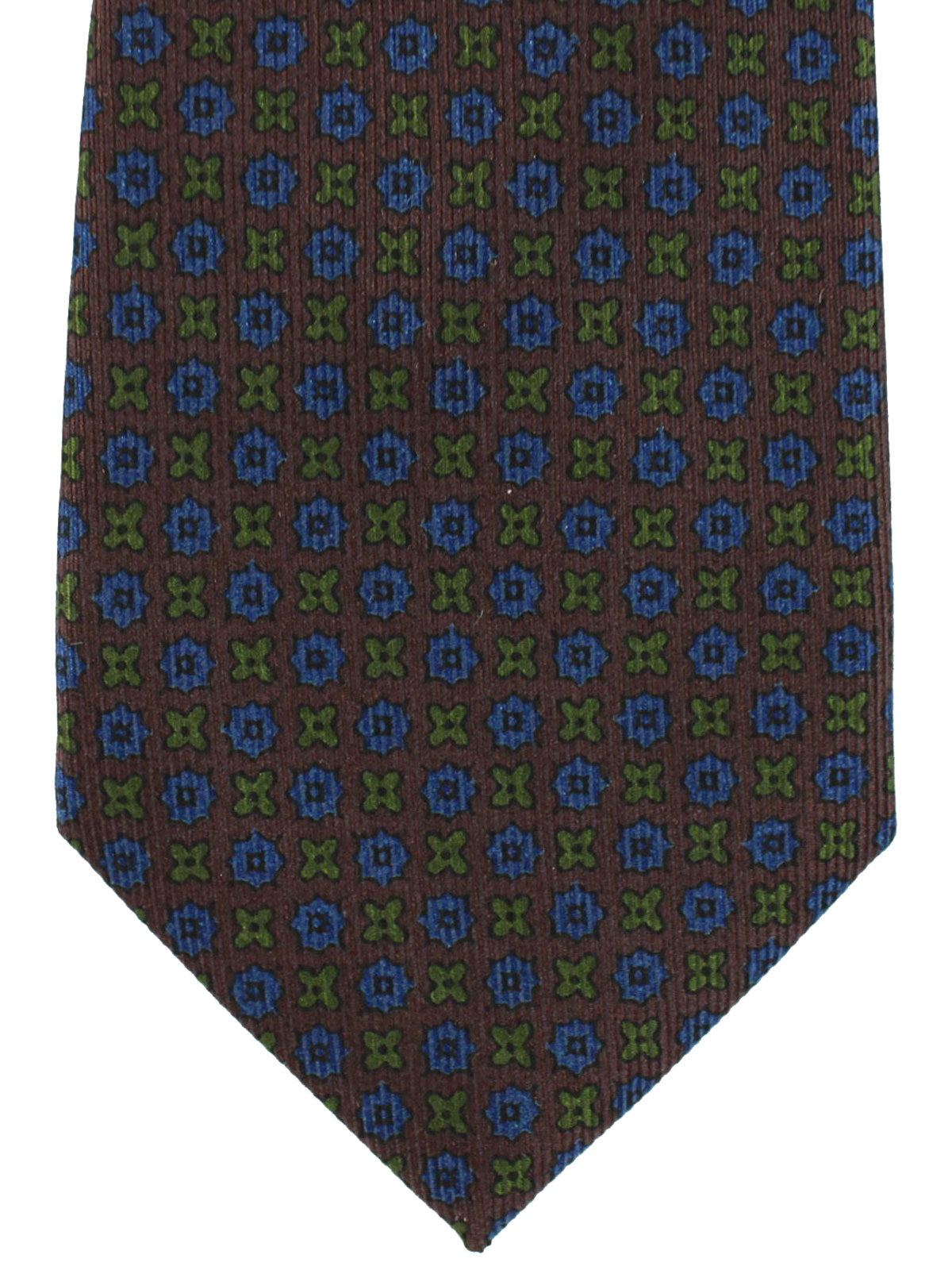 E. Marinella Silk Tie Brown Navy Green Geometric - Narrow Necktie