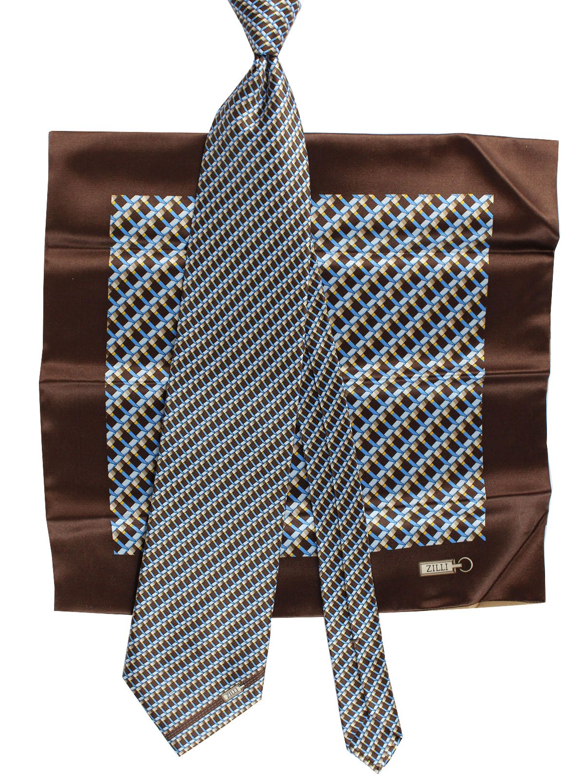 Zilli Silk Tie & Pocket Square Set Brown Blue Geometric