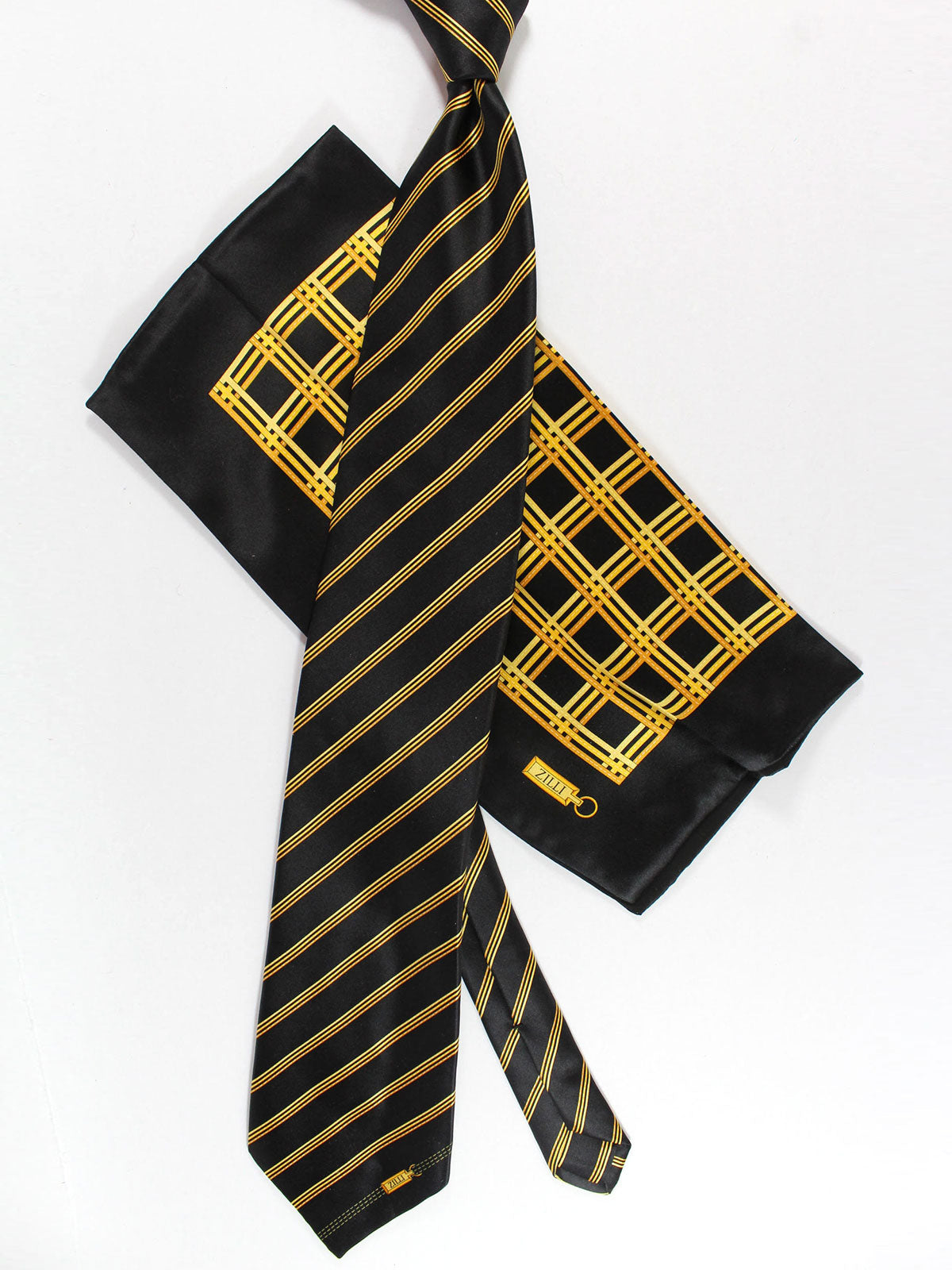 Zilli Extra Long Tie & Matching Pocket Square Set Black Orange Gold Stripes