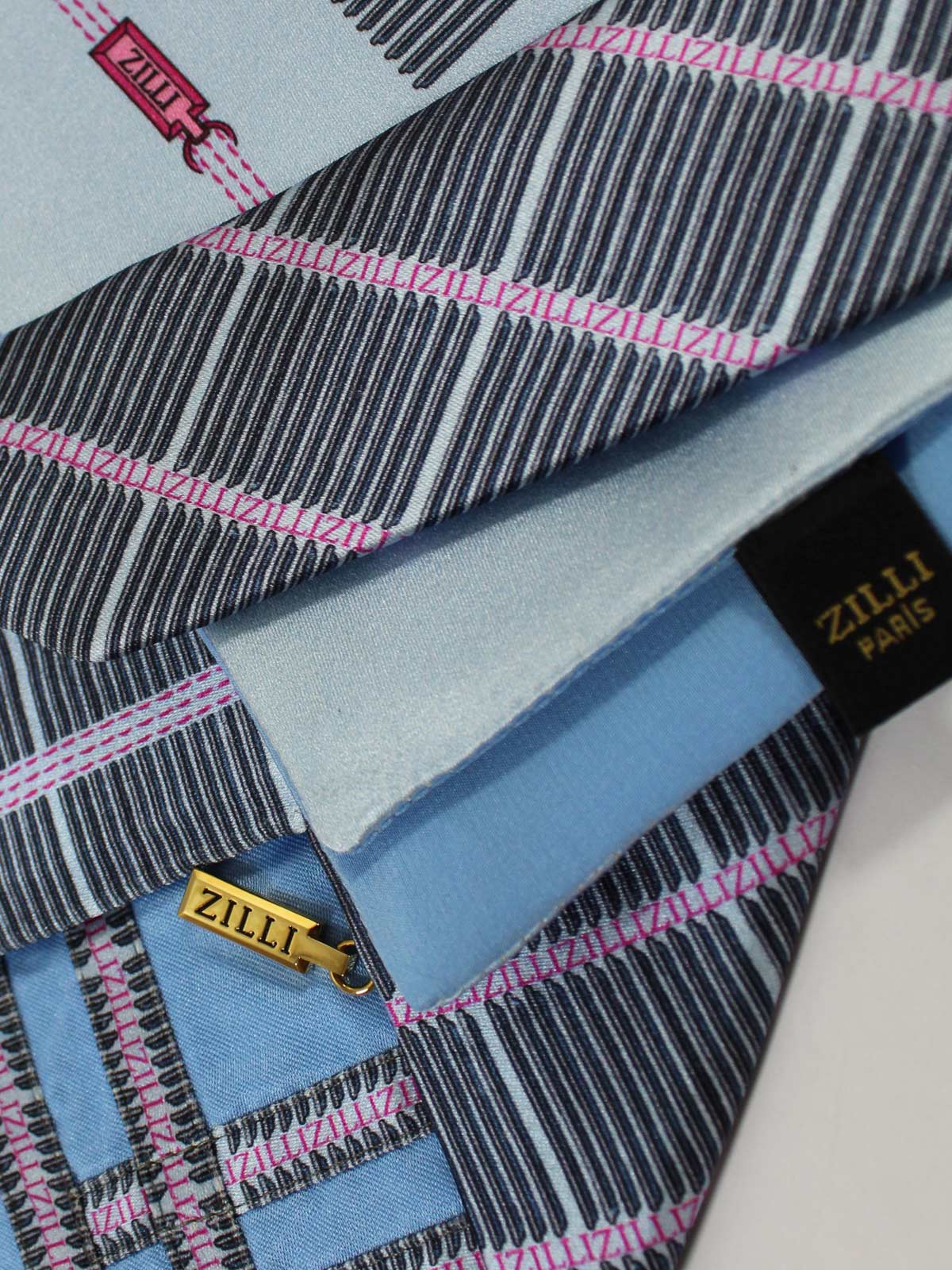 Zilli Extra Long Tie Pocket Square Set Sky Blue Black Pink