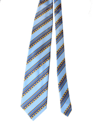 Zilli Silk Tie & Matching Pocket Square Set Sky Blue Gold Chain Stripes FINAL SALE